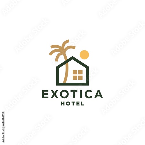 tropical beach home or hotel icon design illustration, house with palm tree logo vector, paradise hotel concept