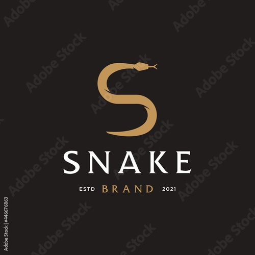 Simple Snake logo with S letter, elegant serpent logotype design vector with viper snake icon isolated on Black background