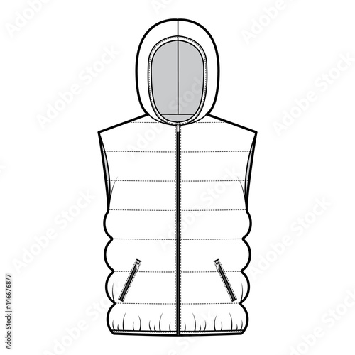 Hooded Down vest puffer waistcoat technical fashion illustration with sleeveless, loose fit, hip length, classic quilting. Flat template front, white color style. Women, men, unisex top CAD mockup