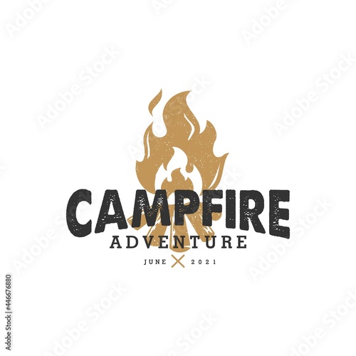 summer camping logo, hot campfire logs on hand drawn stamp effect vector illustration. Vintage grunge texture for poster and banner
