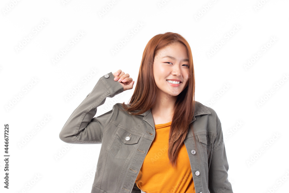Portrait of beautiful young Asian girl model long hair in casual summer clothes smile, happy and enjoying in studio isolated on white background. Portrait of beautiful young Asian girl model long hair in casual summer clothes smile, happy and enjoying in studio isolated on white background.