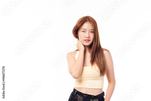 Portrait of beautiful young Asian girl model long hair in casual summer clothes smile, happy and enjoying in studio isolated on white background.