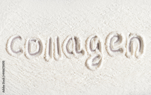 Collagen powder background. Collagen inscription. Plants or fish based. Healthy supplement. Top view, flat lay.