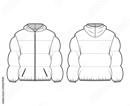 Hooded jacket Down puffer coat technical fashion illustration with long sleeves, boxy fit, hip length, wide quilting. Flat template front, back, white color style. Women, men, unisex top CAD mockup