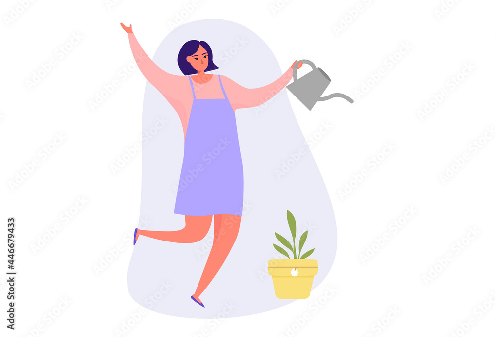 Naklejka premium Young female character planting gardens flowers, agriculture gardener hobby and garden job. Garden set, women gardening, vector illustrations of garden gear, gardening tools. Vector illustration 