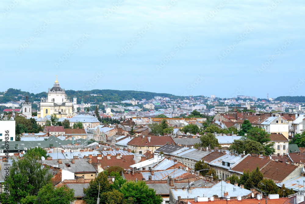 Panoramic view over roofs of central Lviv