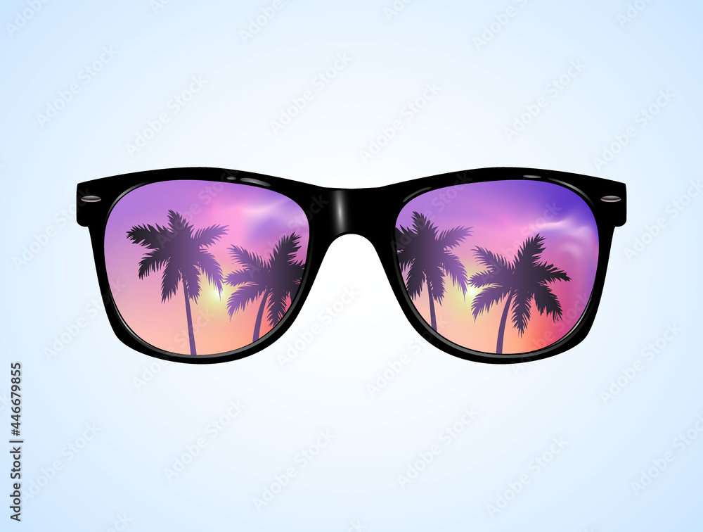 Sunglasses with Palms Reflection Vector illustration Background. Pink sunset Sunglasses with Palms Reflection Vector illustration Background. Pink sunset