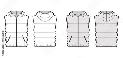 Hooded Down vest puffer waistcoat technical fashion illustration with sleeveless, loose fit, hip length, classic quilting. Flat template front, back, white, grey color style. Women, men top CAD mockup