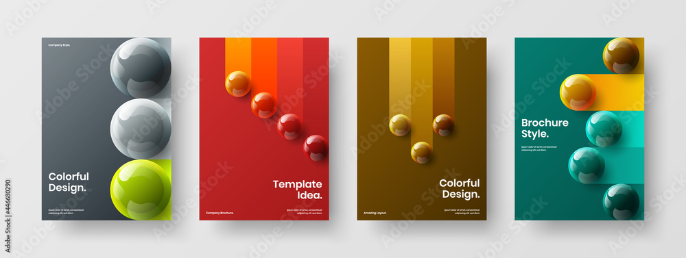 Unique poster design vector layout set. Clean realistic balls magazine cover illustration composition.
