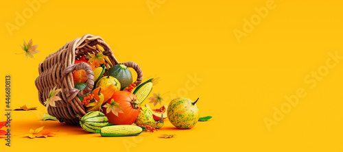Fototapeta Naklejka Na Ścianę i Meble -  Pumpkins and autumn vegetables falling from wooden rattan basket on orange background 3D Rendering, 3D Illustration
