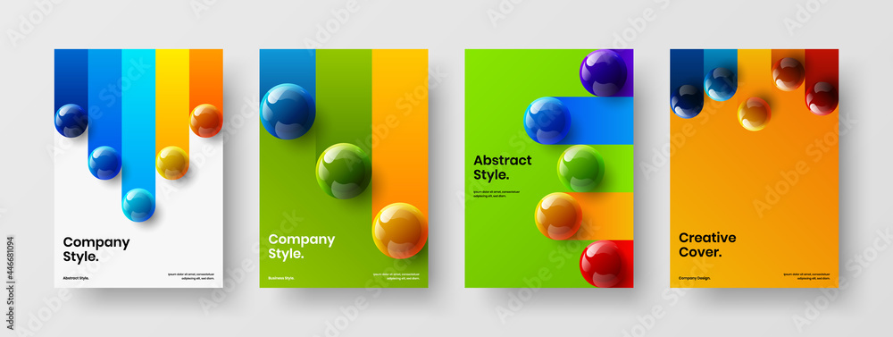 Bright journal cover A4 design vector layout collection. Clean 3D balls postcard template bundle.