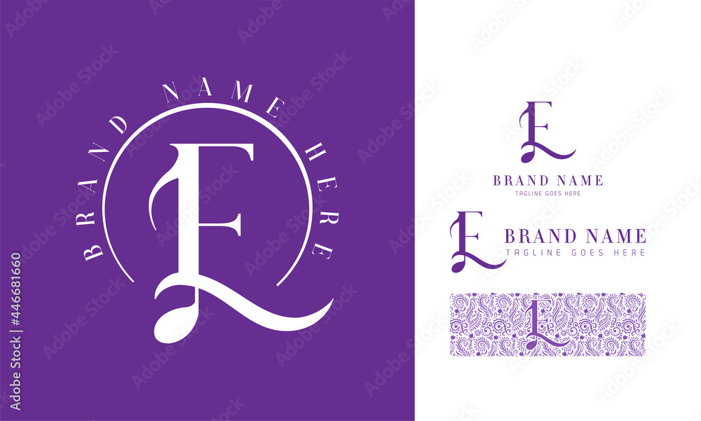 Luxury feminine and music style alphabet logo using letter E with variation and floral pattern for boutique, rhythm, decoration business Luxury feminine and music style alphabet logo using letter E with variation and floral pattern for boutique, rhythm, decoration business