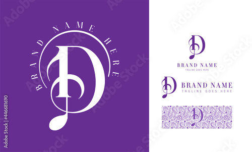 Luxury feminine and music style alphabet logo using letter D with variation and floral pattern for boutique, rhythm, decoration business
