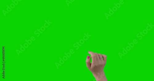 16 Gestures pack. Woman hand with pink manicure touching, clicking, tapping, sliding, dragging and swiping on chroma key green screen background.