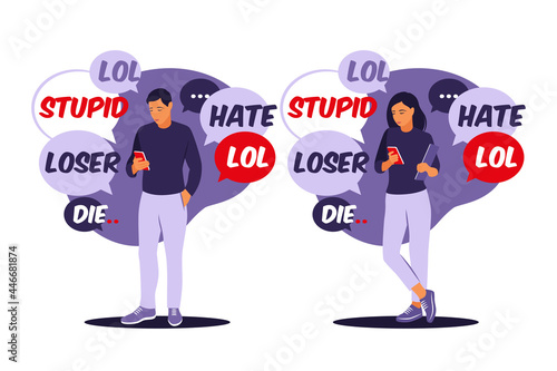 Cyber bullying concept. Man and woman receives abusive messages. Vector illustration. Flat.