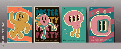 Pop art, comic, typography, vintage design. Set of vector illustrations in retro style. Funny vintage cartoon characters. Simple background images for poster, cover, banner, desktop wallpaper.