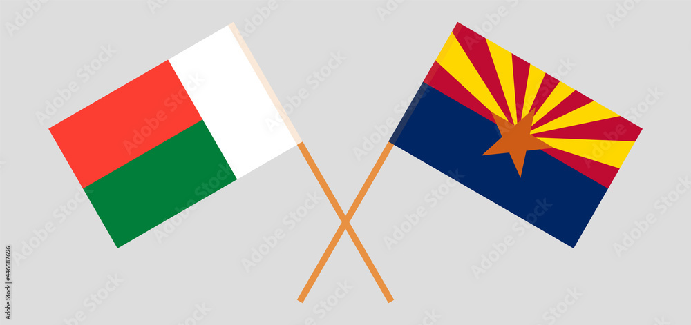 Crossed flags of Madagascar and the State of Arizona. Official colors. Correct proportion Crossed flags of Madagascar and the State of Arizona. Official colors. Correct proportion