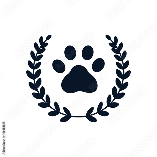 Animal footprint, laurel wreath. Award concept, pet winner, best participant. Vector icon isolated on white background. 
