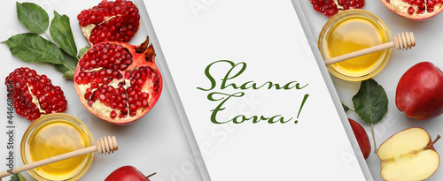 Foto Flat lay composition with Rosh Hashanah holiday attributes on white background