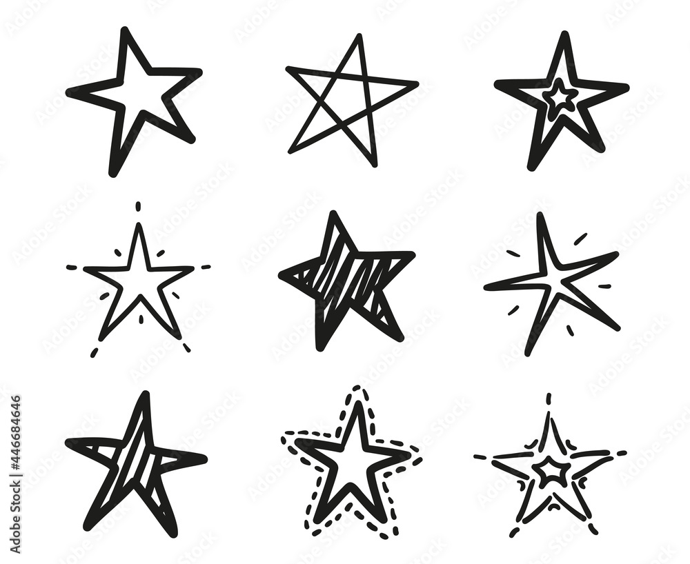 Hand drawn black stars on isolated white background. Freehand art. Black and white illustration Hand drawn black stars on isolated white background. Freehand art. Black and white illustration