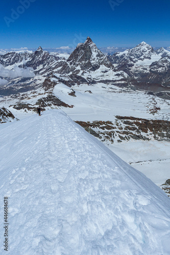 The matterhorn: one of the most iconic and famous mountains in the Alps. The Cima is surrounded by glaciers, rock faces and fantastic landscapes near the town of Cervinia, Italy - June 2021