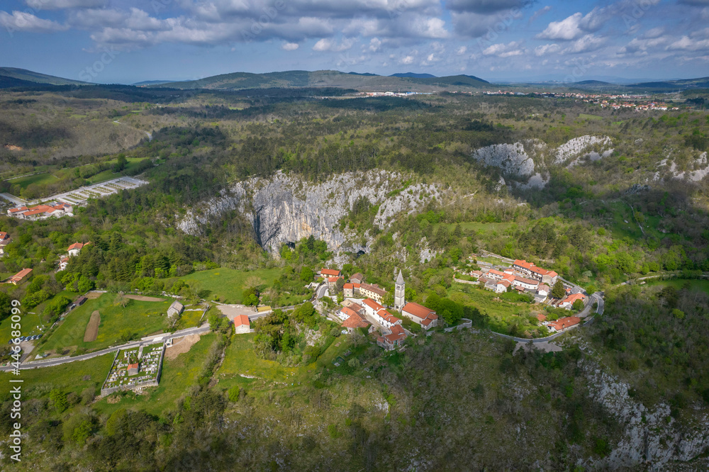 Aerial view of Unesco world heritage site Skocjanske jame (Skocjan caves) with village Skocjan and river Reka, Slovenia