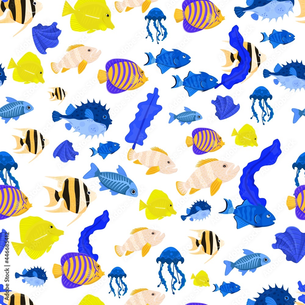 Fototapeta premium Marine life seamless pattern. Angelfish, shell, x-ray fish, pufferfish.