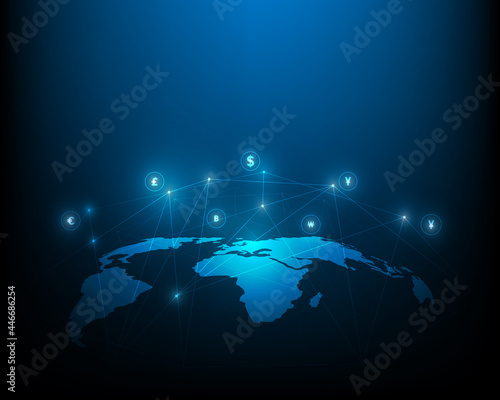 network money and currency exchange icon on world map blue illustration