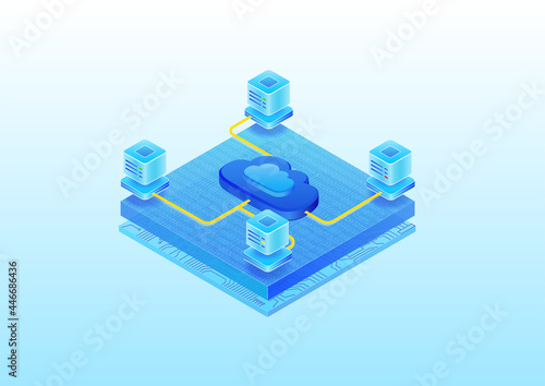 Cloud Computing platform with data centers. 3d isometric vector illustration of cloud platform such as PaaS, SaaS, IaaS. 