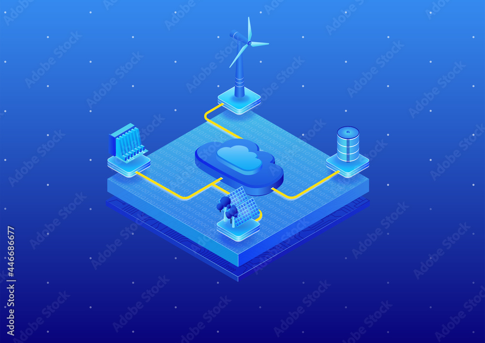 Cloud computing and sustainable energy concept. 3d isometric vector illustration. Cloud computing to support the generation of renewable energy sources as example of digitization.