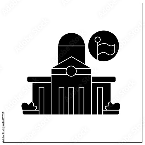 Public office glyph icon. Classical architecture public office capitol building. Local authorities headquarters. Maps and navigation. Filled flat sign. Isolated silhouette vector illustration