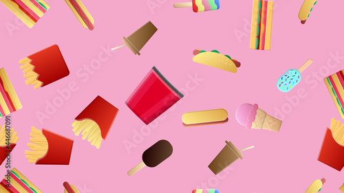 Endless pink seamless pattern of delicious food and snack items icons set for restaurant bar cafe: fries, sandwich, ice cream, popcorn, drink. The background