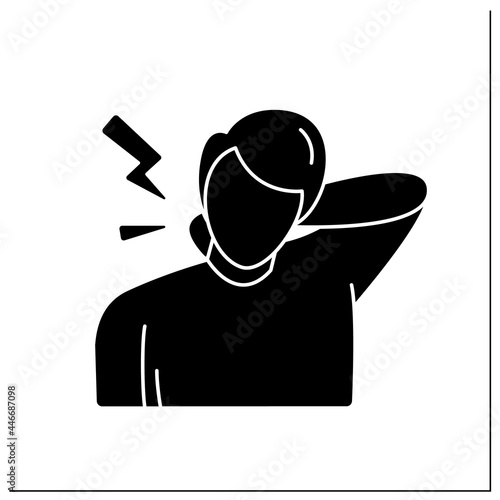 Neck pain glyph icon. Man suffer backache, rubbing stiff neck. Spinal issues, headache causes and health problems. Filled flat sign. Isolated silhouette vector illustration