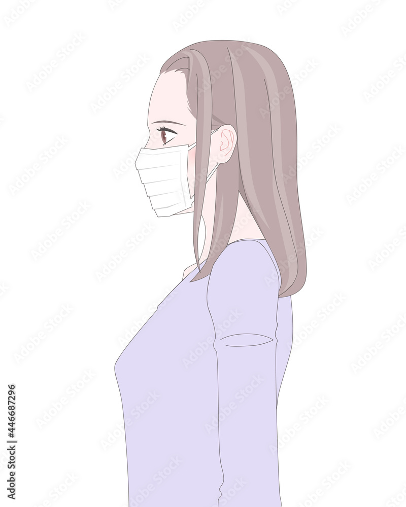 マスクをしている女性の上半身の横顔 マスクをしている女性の上半身の横顔