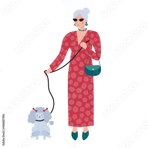 Old rich woman in red long dress with flowers. Senior elegant female character with poodle dog. Cartoon pet. Fashion vector illustration.