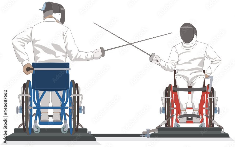 para sports paralympic fencing, physical disabled male fencers sitting