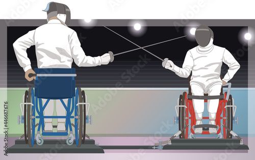 para sports paralympic fencing, physical disabled male fencers sitting in wheelchair en garde position, with indoor stadium in background