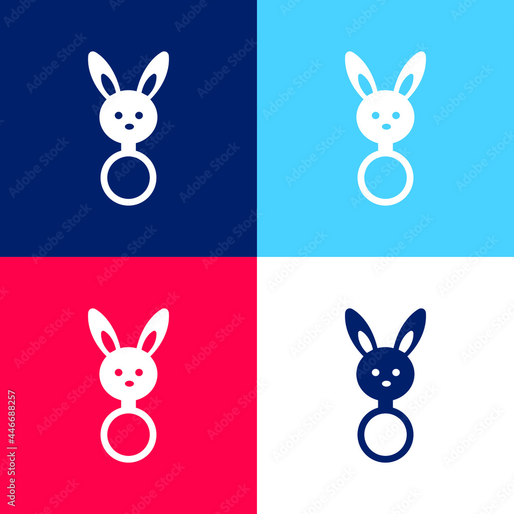 Baby Rattle With Bunny Head Shape blue and red four color minimal icon set Baby Rattle With Bunny Head Shape blue and red four color minimal icon set
