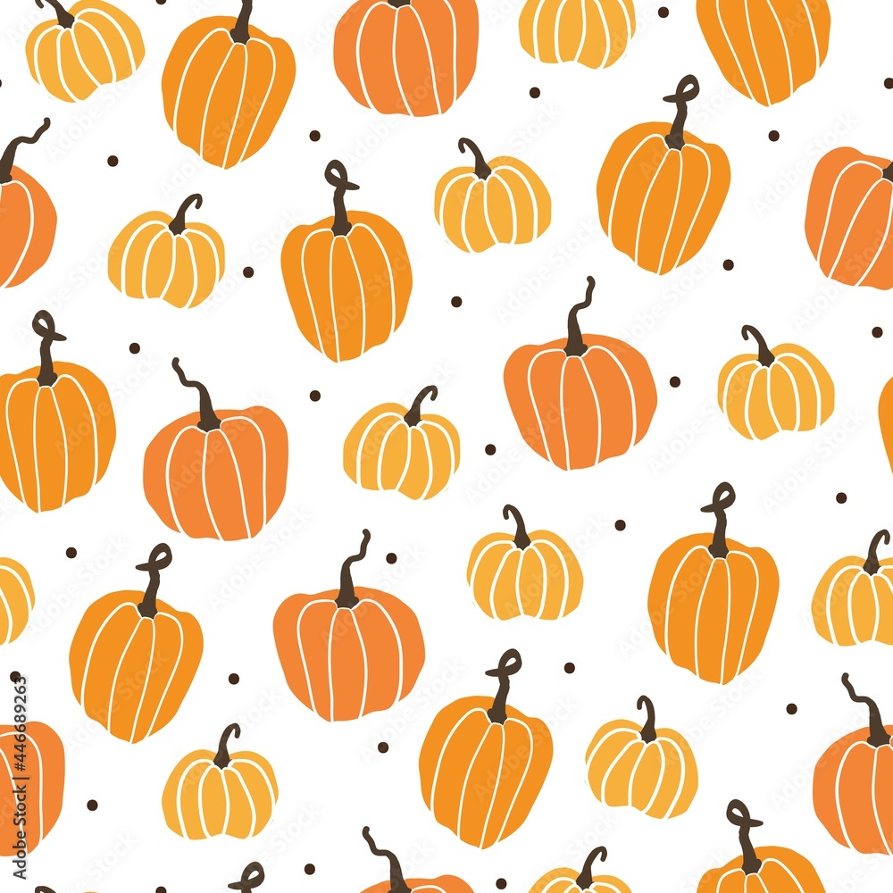Печатьseamless vintage pumpkin pattern . white background. cute orange pumpkins. black dots. vector texture. fashionable print for textiles and wallpaper.