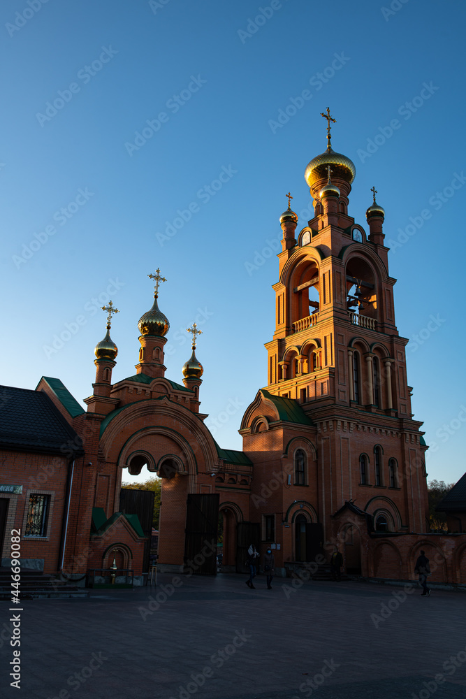 Naklejka premium Holosiivskyi mens monastery at evening summer in Ukraine Kiev, religion christianity culture orthotodox