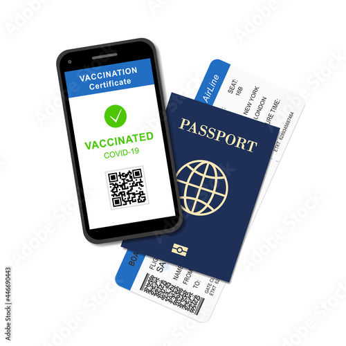 Safe travel concept with vaccination digital certificate in phone screen, international passport and airline ticket on white background. Vector of covid-19 and tourism, vacation or business.