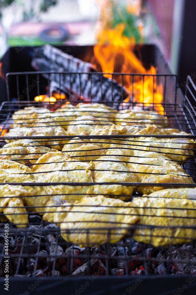 Chicken kebab is cooked on the grill