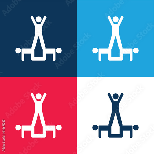 Acrobatics Acrobats Group Silhouette blue and red four color minimal icon set