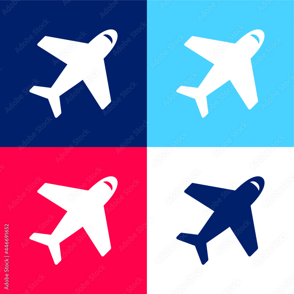 Airplane From Top View blue and red four color minimal icon set