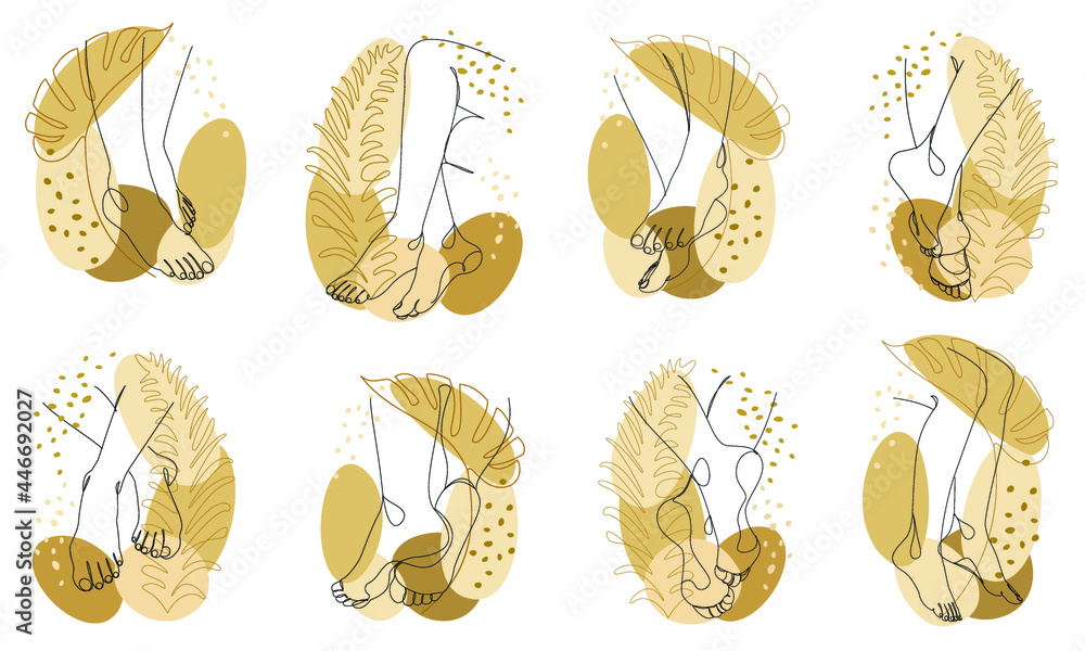 Collection. Silhouettes of human legs and leaves in a modern one line style. Plants solid drawing, decor outline, wall poster, stickers, logo. Vector illustration set.