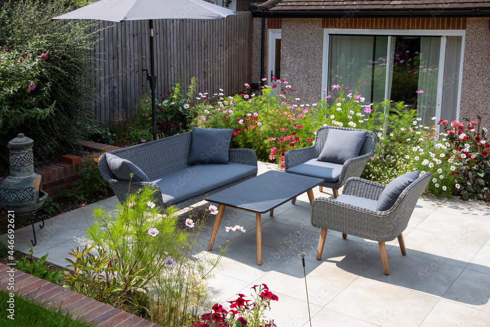 Garden furniture on the terrace on sunny day