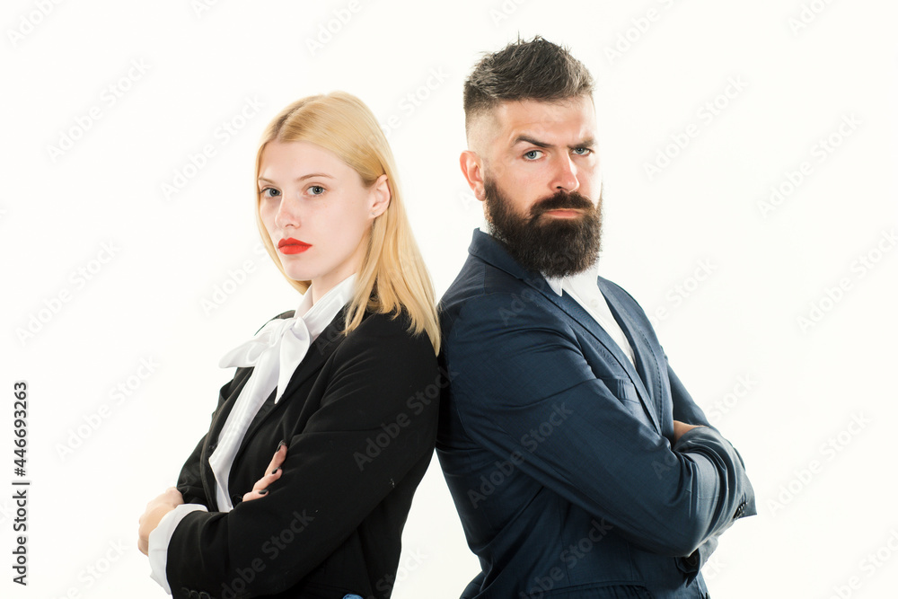 Business couple working together. Businessman isolated - handsome man with woman standing on white background. Business concept.