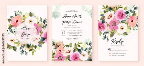 wedding invitation set with pink flower garden watercolor