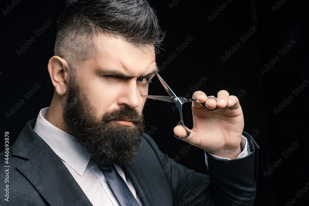 Perfect beard. Haircuts for men. Stylish and hairstyle. Hair salon and  barber vintage. Barber shop. Barber on black background with scissors.  Stock Photo | Adobe Stock