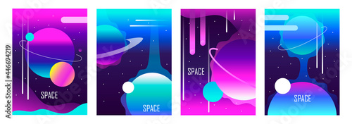 Set of abstract futuristic space backgrounds. Template for banner, poster, flyer, brochure, cover, card. Gradient, planets and stars. Modern design. Vector illustration. EPS 10